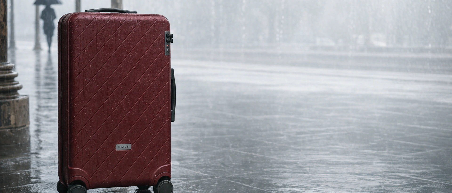 The oxblood-red Ground case standing in a monsoon downpour under a station canopy