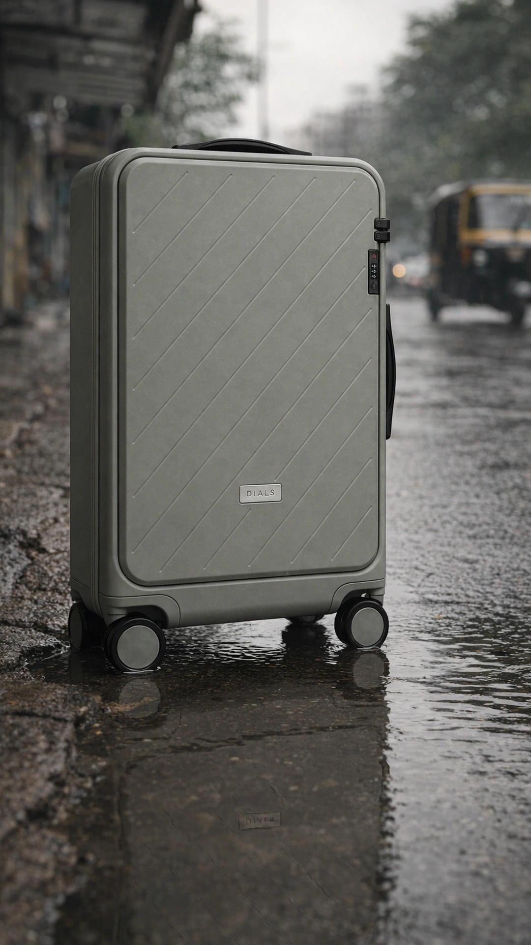 A sage-gray Ground Cabin on a wet Bengaluru footpath after rain