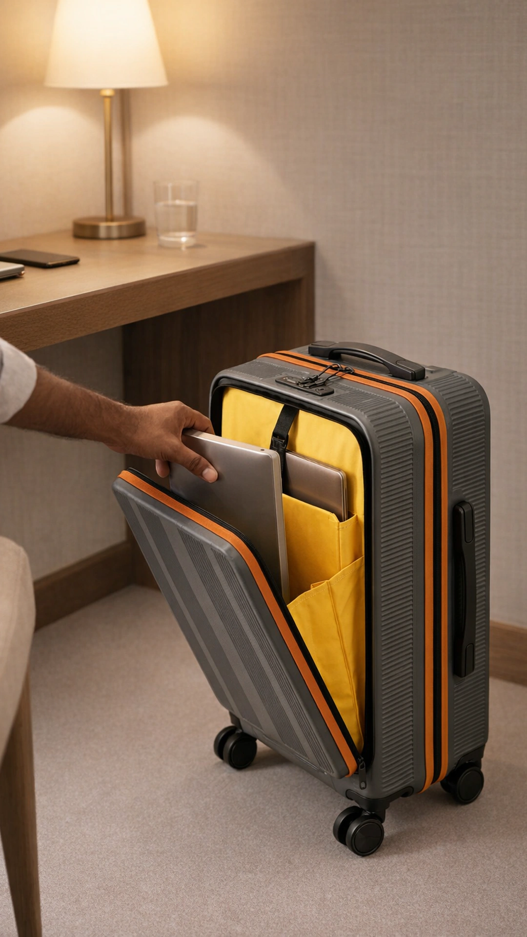 A grey Overnighter open on a hotel desk with the front organiser showing